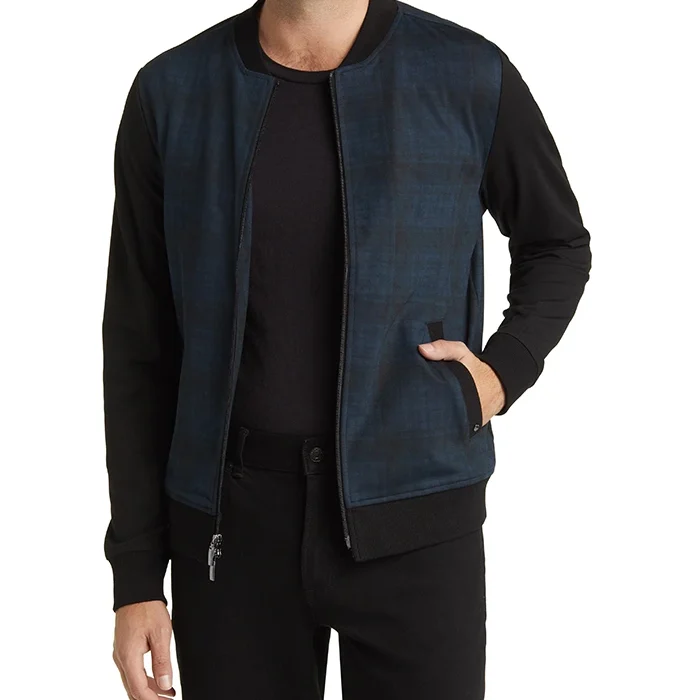 Men’s Blue Colorblock Plaid Bomber Jacket