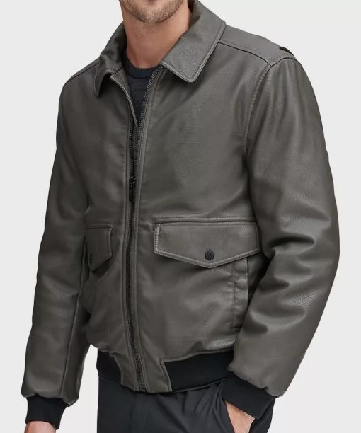 Mens Grey Leather Bomber Jacket
