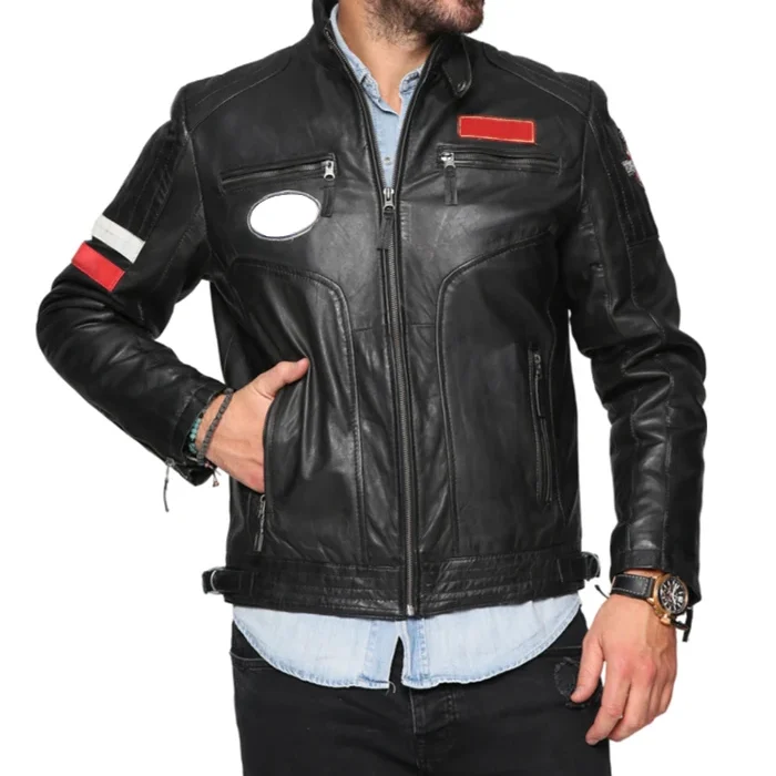 Men’s Patched Leather Cafe Racer Biker Jacket