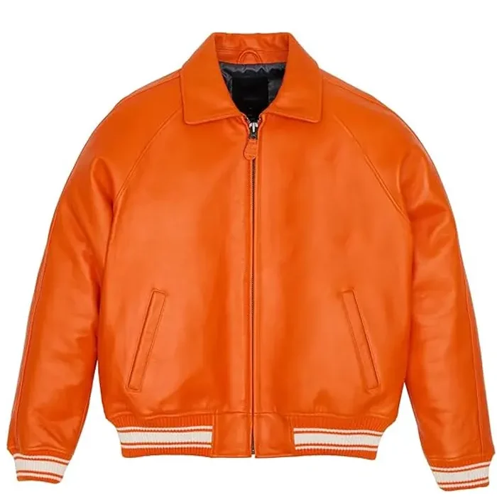 Orange PU Leather Bomber Jacket