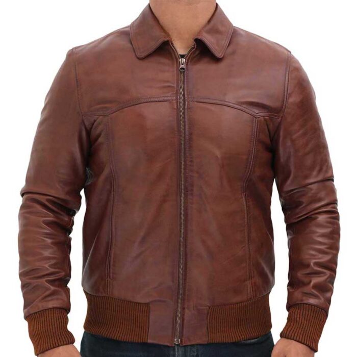 Vintage Brown Bomber Leather Jacket Men