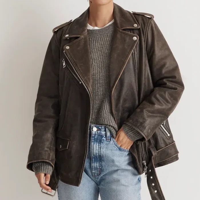 Vintage Brown Distressed Leather Biker Jacket Women