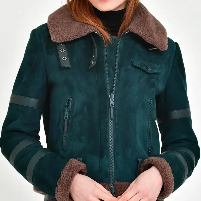 Women’s B3 Leather Bomber Green Shearling Coat