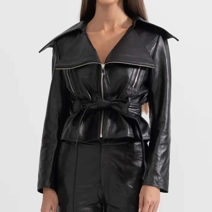 Womens Black Wide Lapel Leather Jacket With Belted