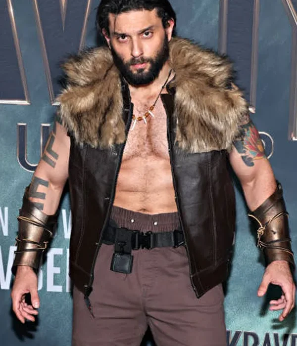 Kraven-The-Hunter-Movie-Premiere-Jay-Velasquez-Brown-Leather-Fur-Vest