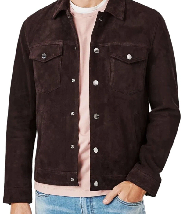 Men’s Dark Brown Suede Leather Trucker Jacket